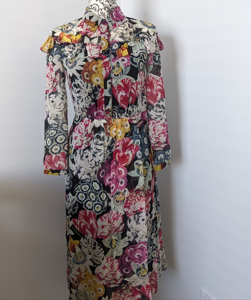 Burberry Floral Silk Georgette Frill Detail Long Sleeve Dress - Picture 3 of 6